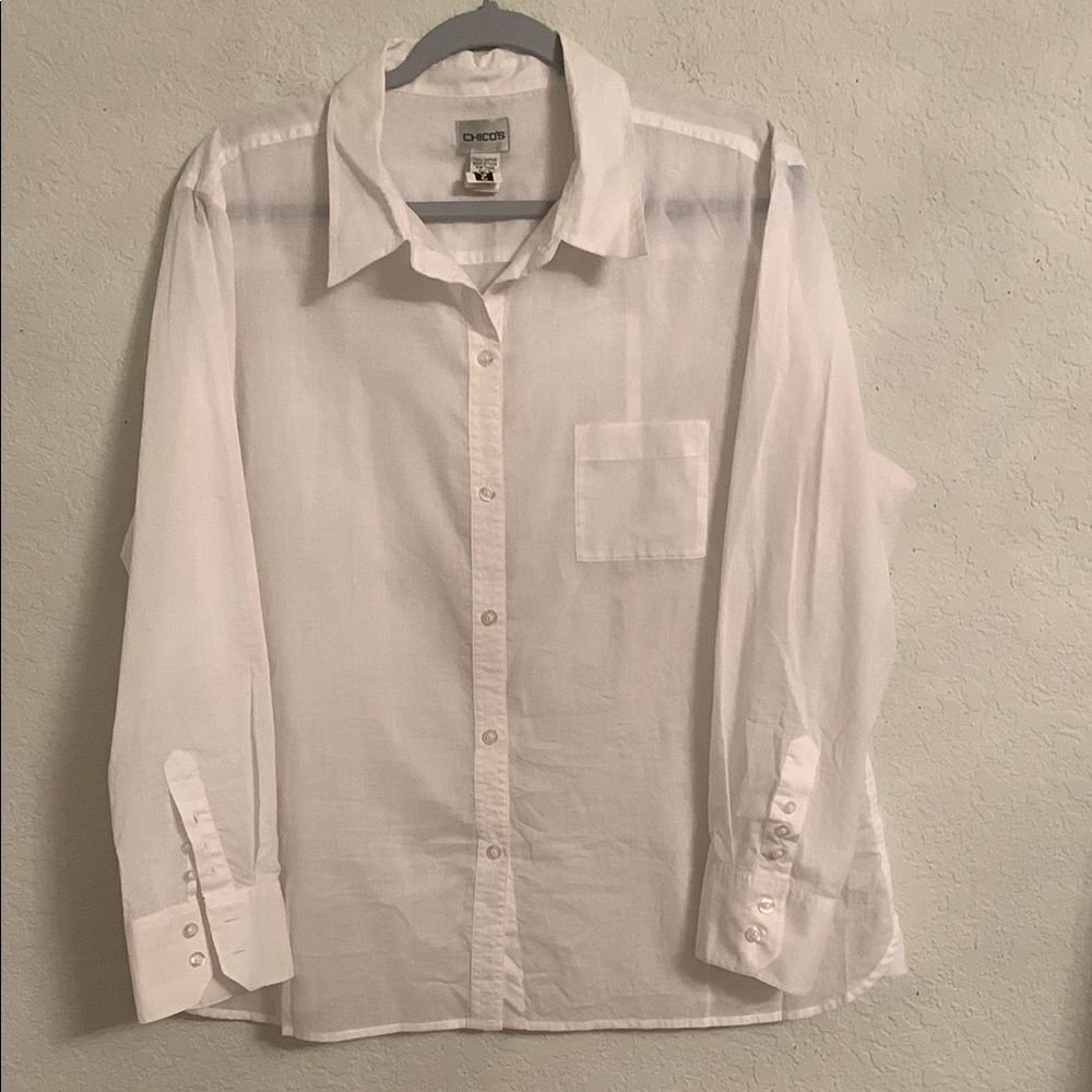 Chico's White Button Pocket Cotton Long Sleeve Lightweight Shirt Women’s Size 3